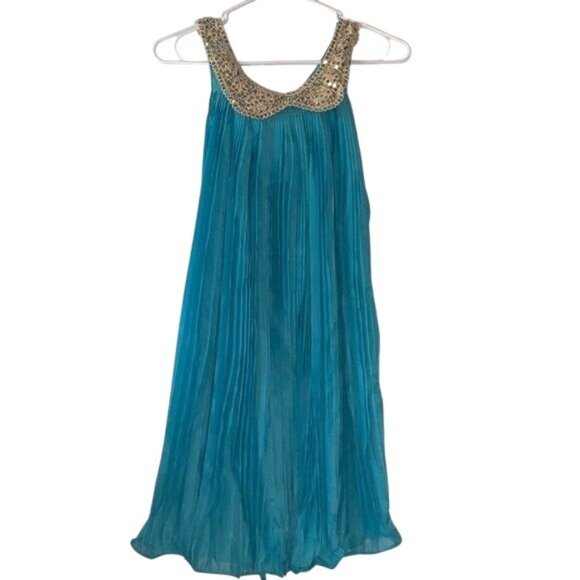 Sleeveless Teal Pleated Dress With Sequin Collar - Picture 1 of 10